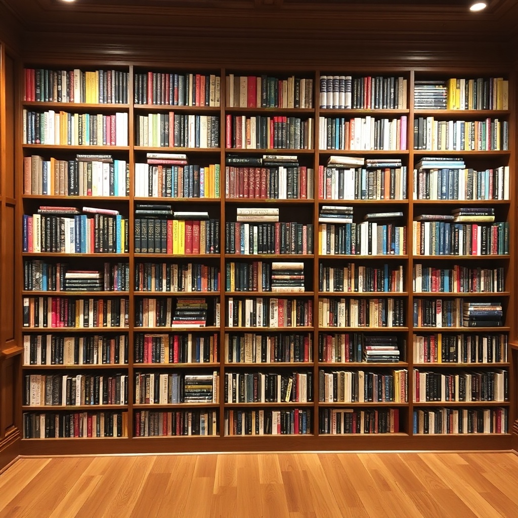 Tall wooden bookshelf filled with a curated collection of books