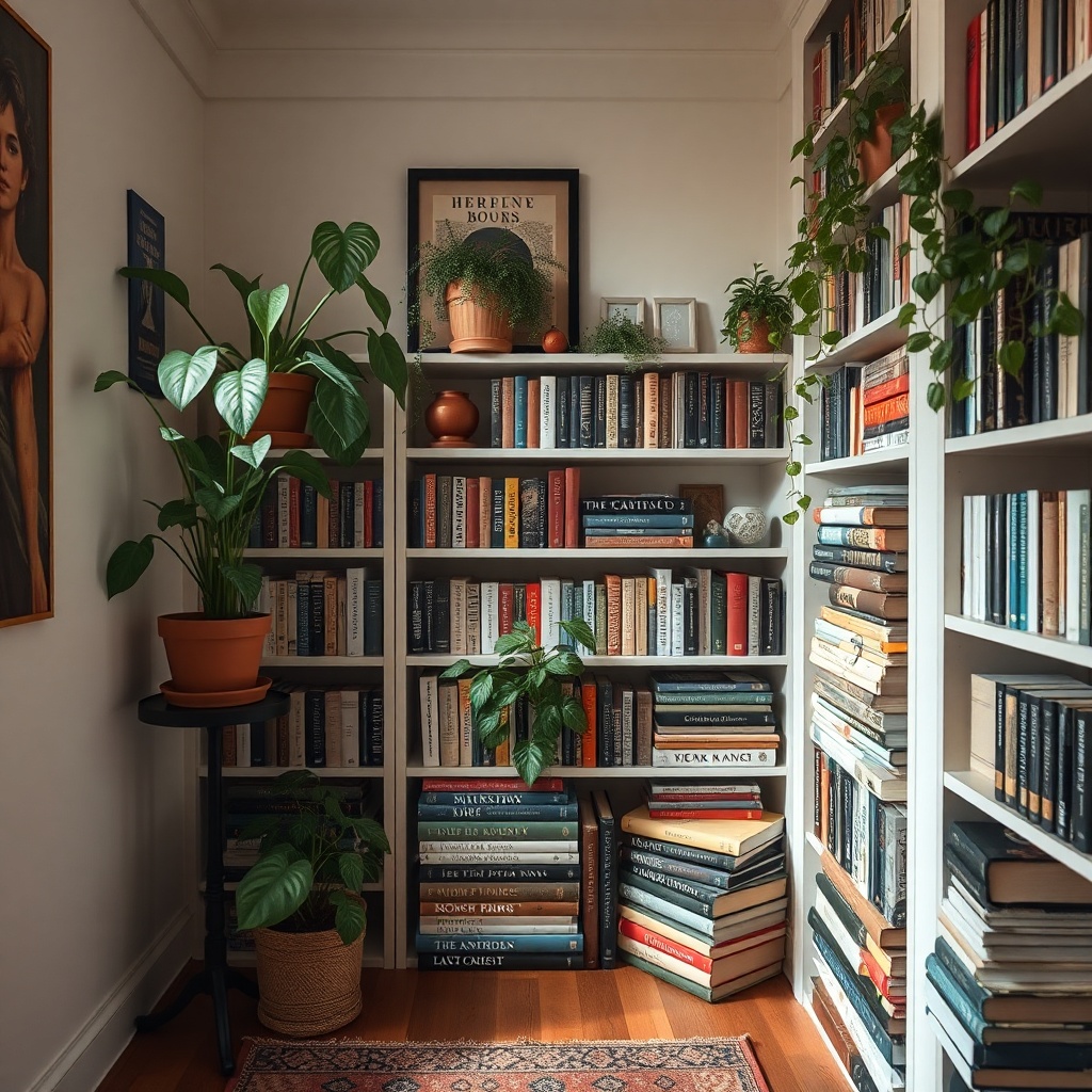 Personal library corner with plants, soft lighting, and seasonal book stacks