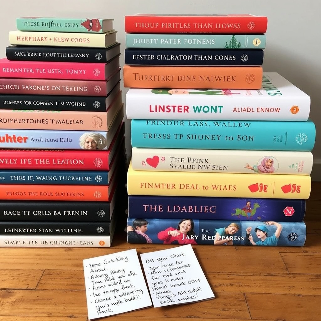 Curated book stacks and handwritten list notes