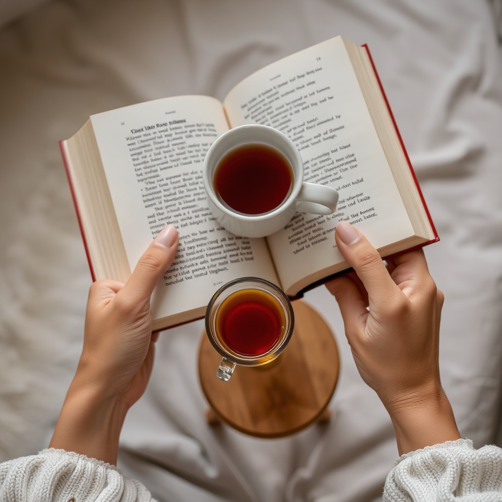 Hands holding an open book with a cup of tea nearby