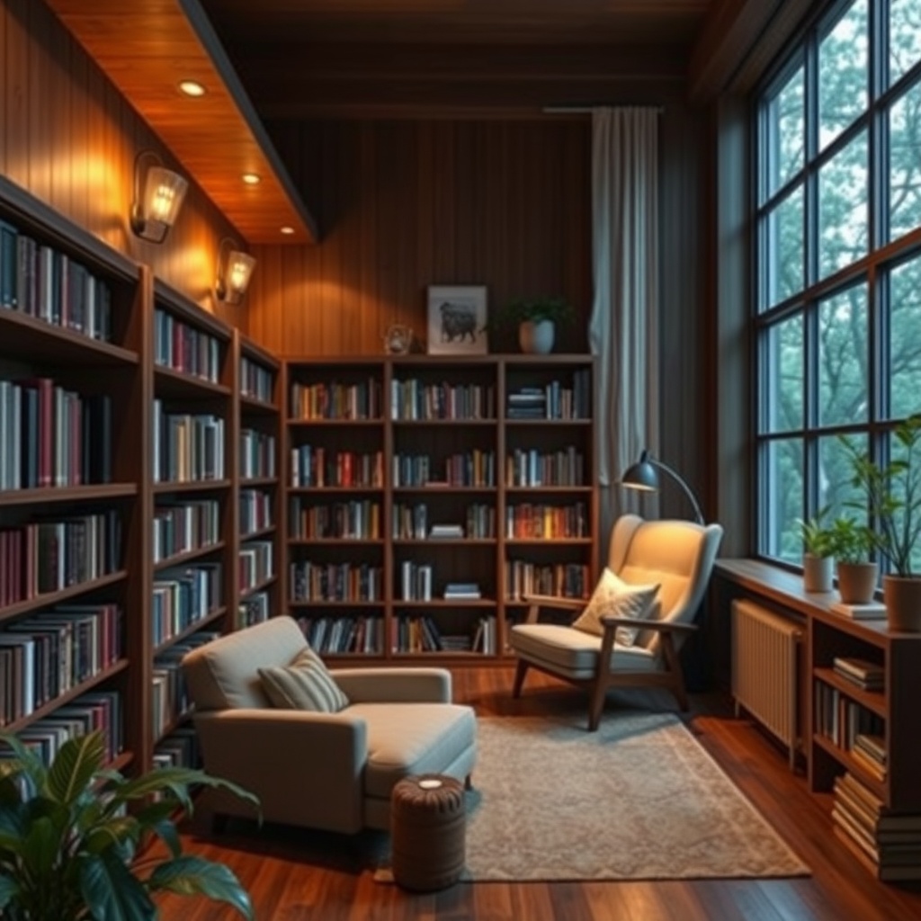 Warm home library with bookshelves and an armchair