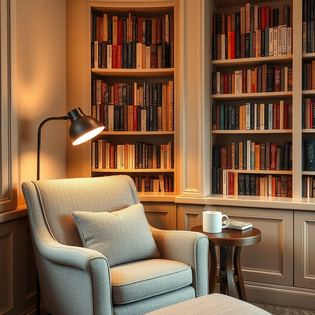 Cozy reading nook with bookshelves and armchair