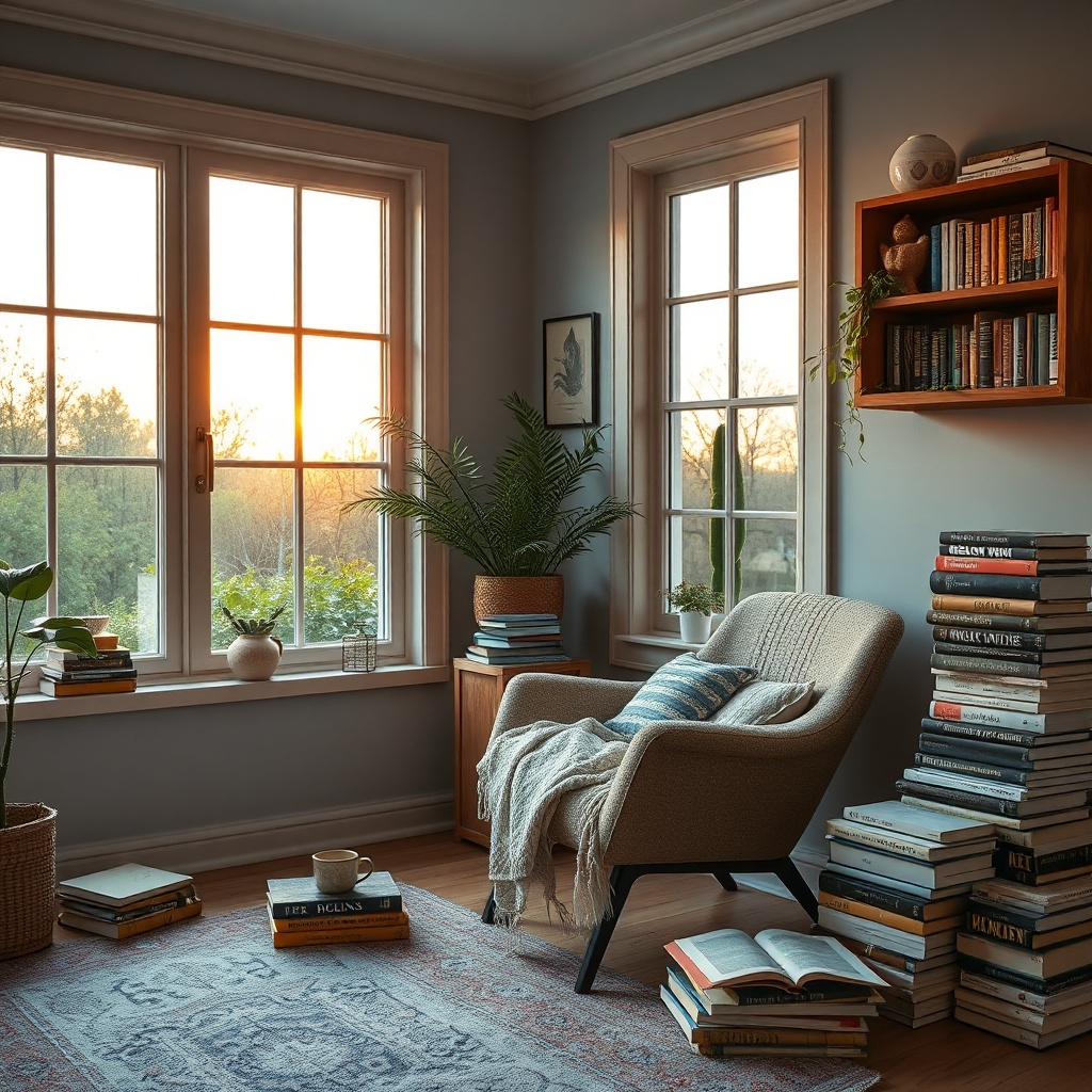 Cozy reading nook with armchair and stacks of books by a sunny window