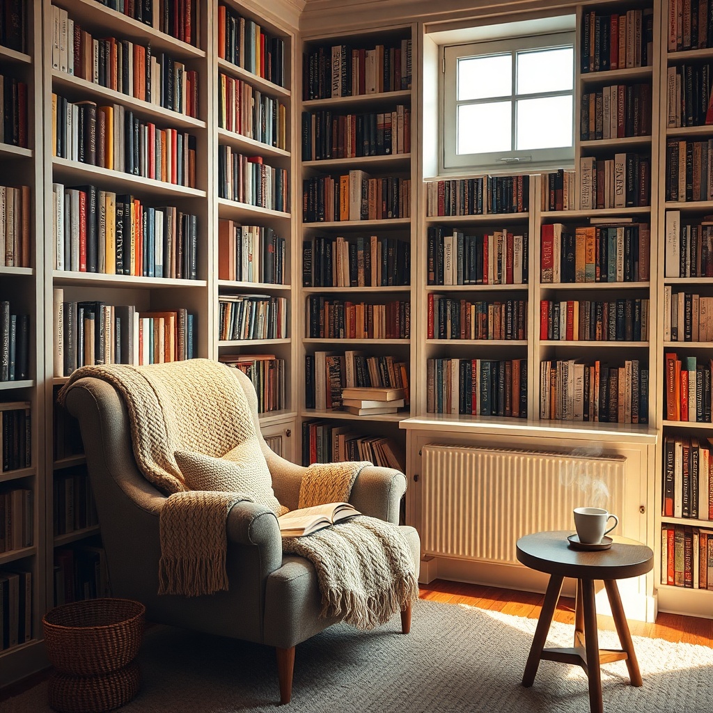 Cozy home reading nook with bookshelves, armchair, and warm lamp light