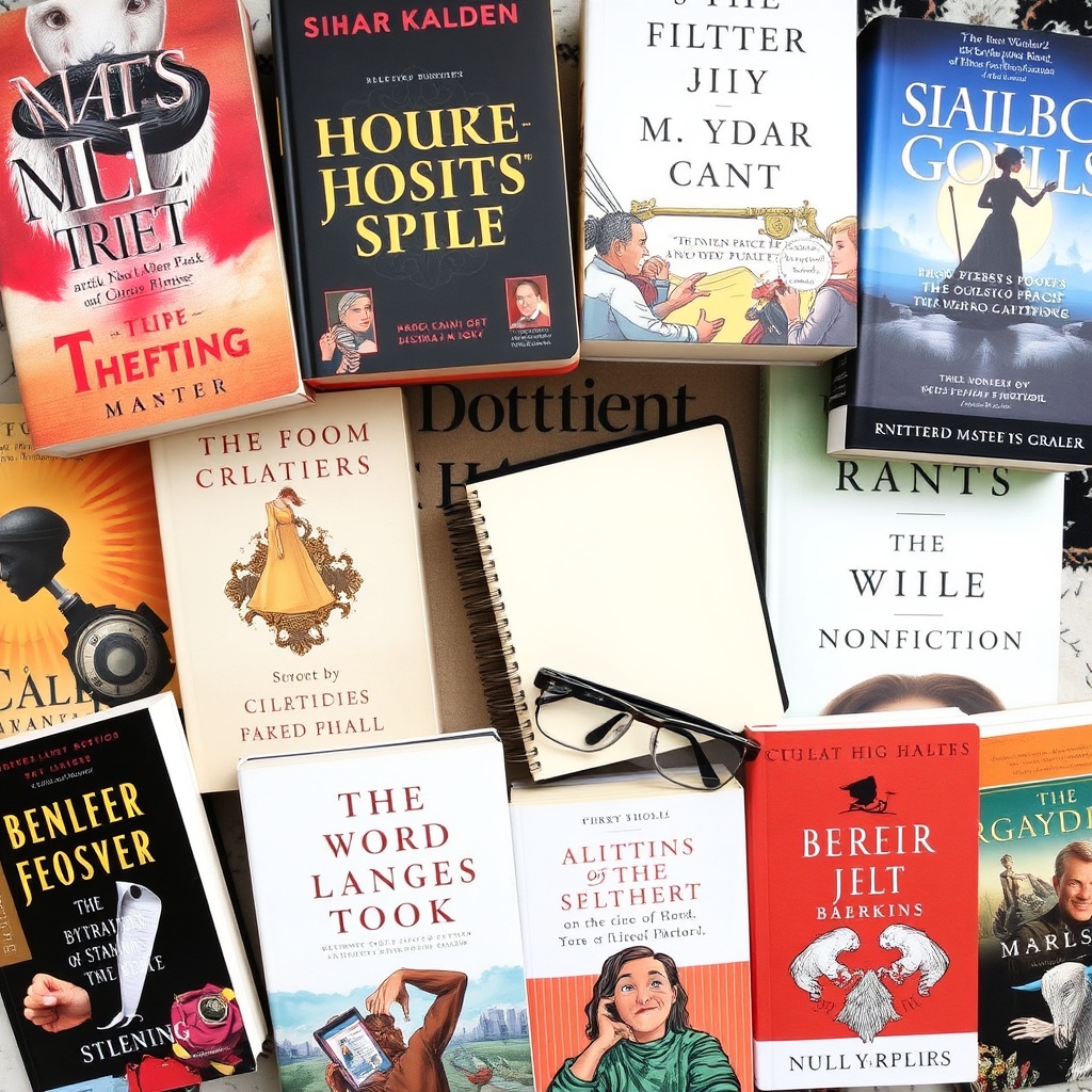 Flat lay of books across different genres with a journal