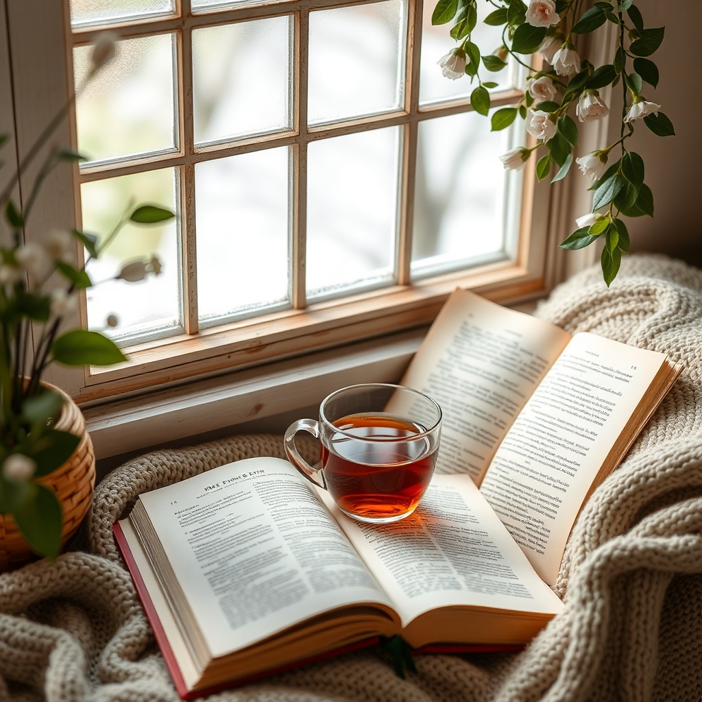 Cozy reading nook with an open book and a cup of tea