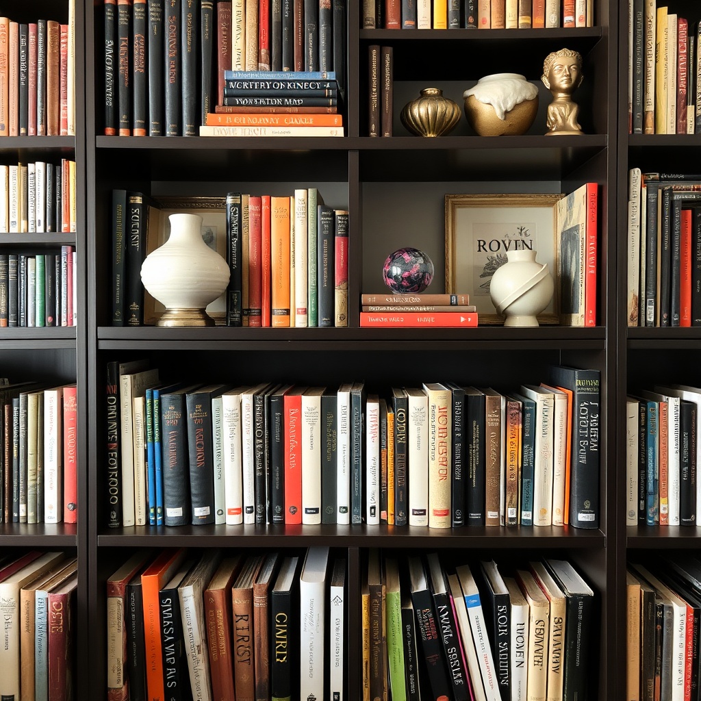Organized home bookshelf with curated books and decor