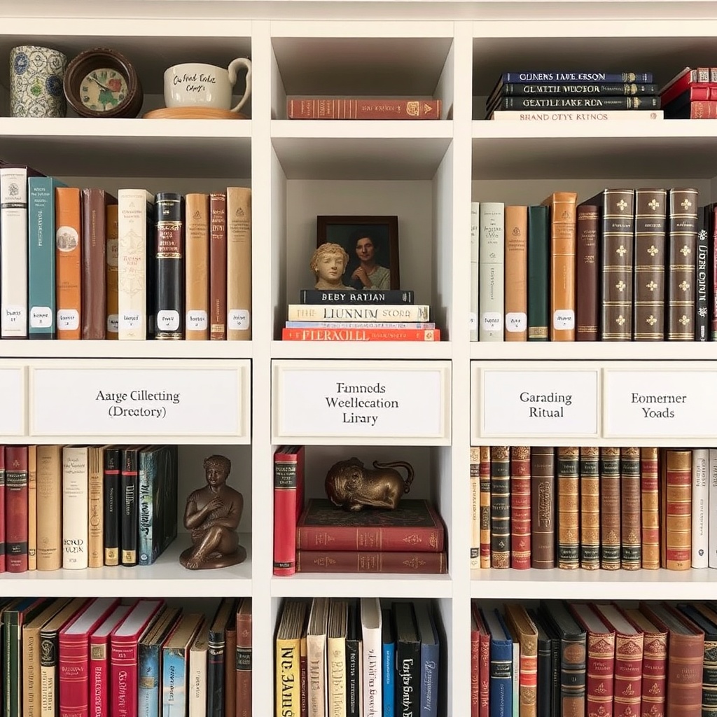 Well-organized home library shelf with personal items