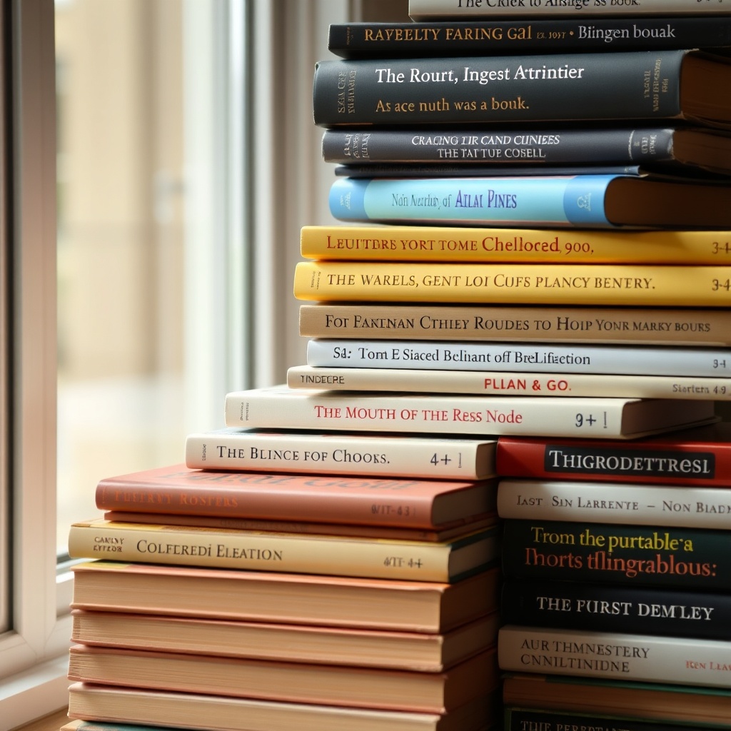 Stacked books organized by genre