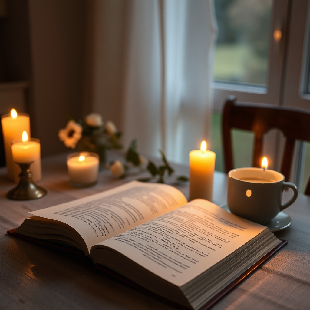 Open book with warm ambient lighting and a cup of tea